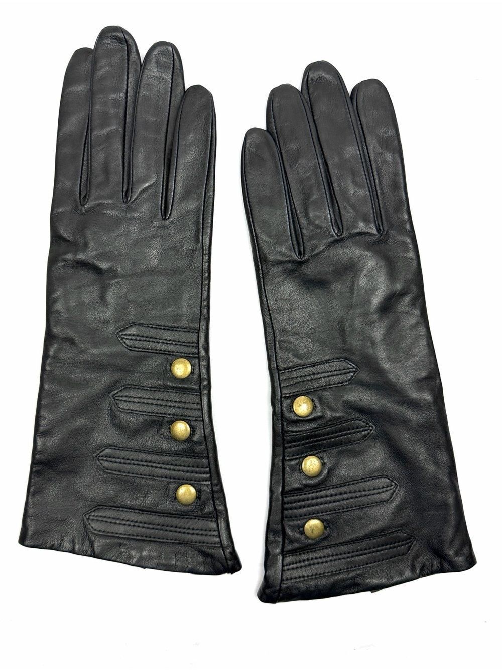 Mercer & Madison Black Leather Gloves Silk Lined XL 12” Long Brass Stud Accent